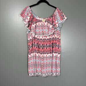 Faded Glory Red & Blue Boho Print Off The Shoulder Peasant Top - Size XXL (20)